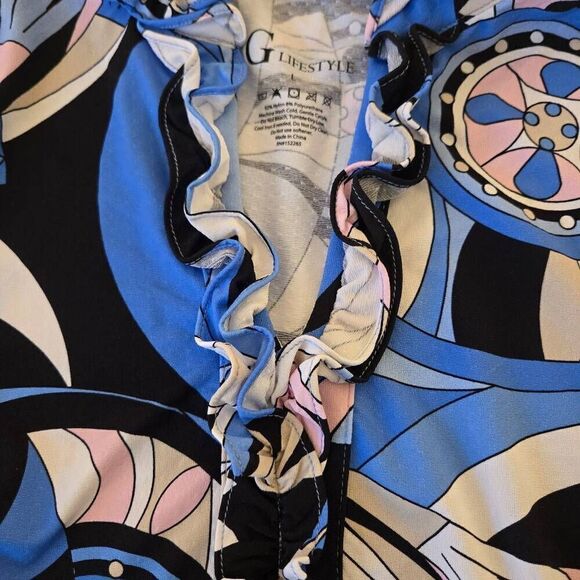 G Lifestyle Womens Abstract Print Ruffle Trim V Neck Top Blouse Multicolor Large - Picture 6 of 10